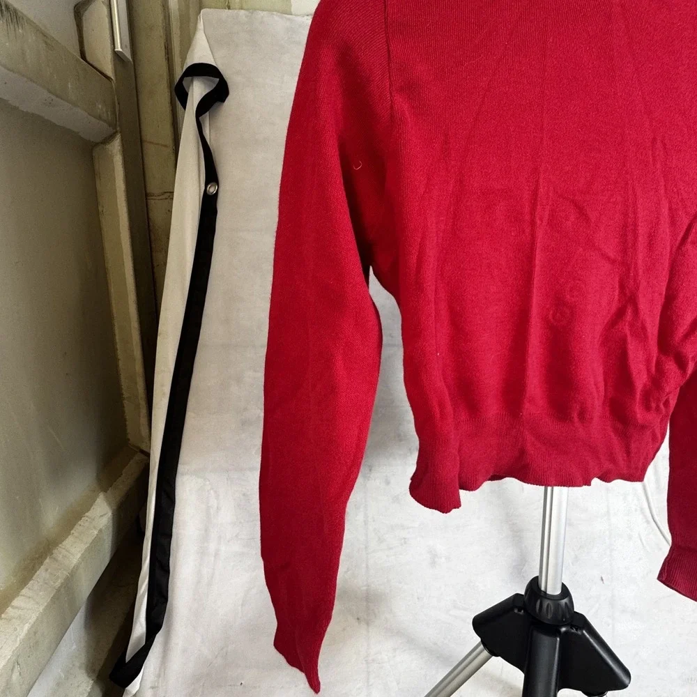 Blue Asphalt Cropped Cardigan Sweater Women's Small Red Tight Knit Button Front